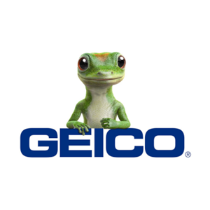 GEICO gecko perched on the blue GEICO logo text